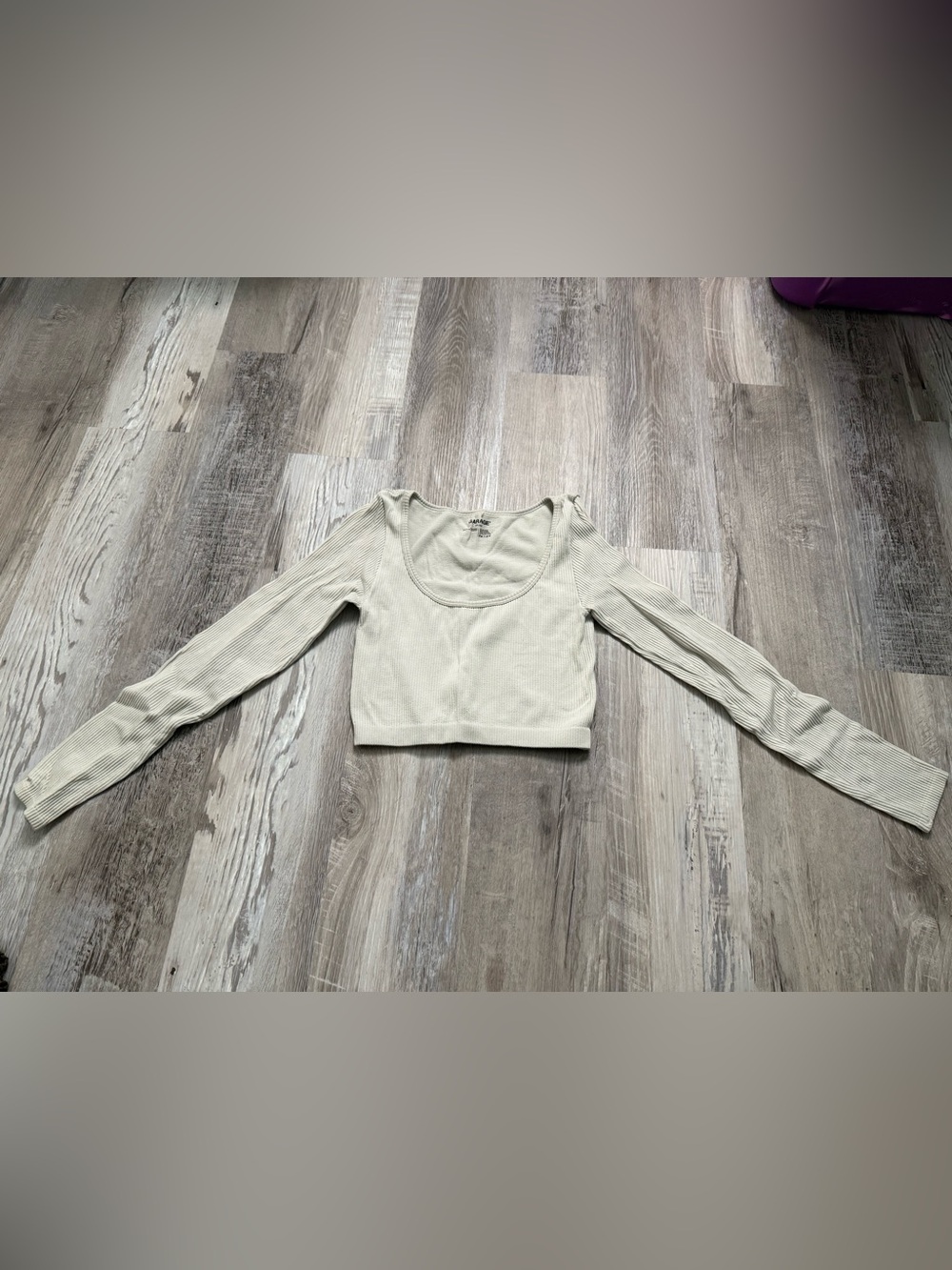 Garage Cream Ribbed Scoop-Neck Long Sleeve Crop